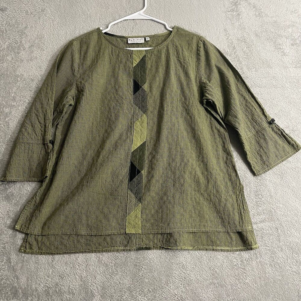 Habitat Top Women’s XS Green Black Pin Check Plaid Sleeve Accent Button Boho